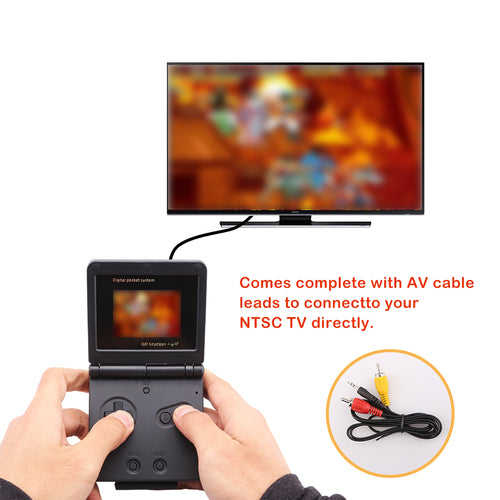 Handheld gaming console with TV connection cable on a white background